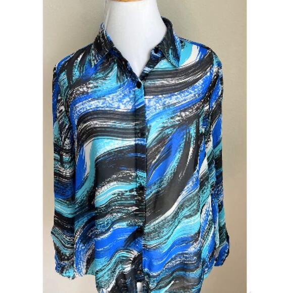 sheer tropical Women’s Blouse sea blue ocean vacation long Sleeve resort wear L - Picture 3 of 8